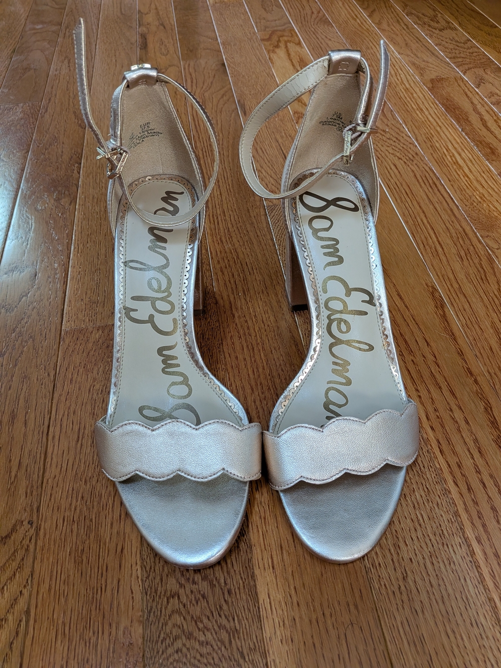Sam Edelman Metallic Scallop Ankle-Strap Block Heels in Champagne, Gently Used